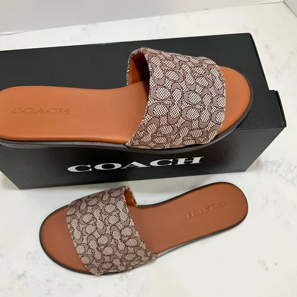 Coach Tan & Brown Signature Monogram Slide Sandals - Picture 3 of 12